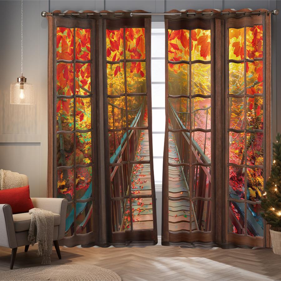 2 piezas de cortinas estampadas con patrón de hojas de bosque otoñal, decoración de marco de puerta retro para dormitorio y sala de estar