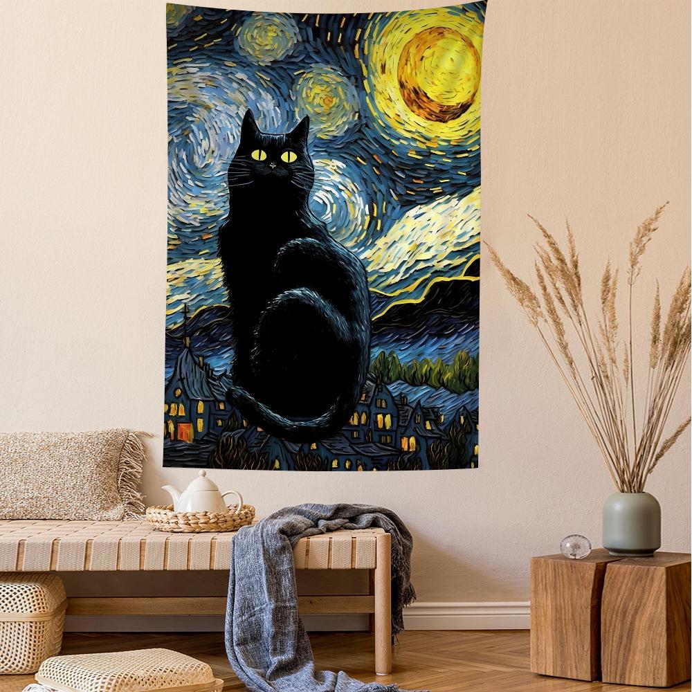 Summer Starry Night Black Cat Tapestry Garden Path Rooftop Double Cat Swirl Starry Night Living Room Room Decoration 100X70CM