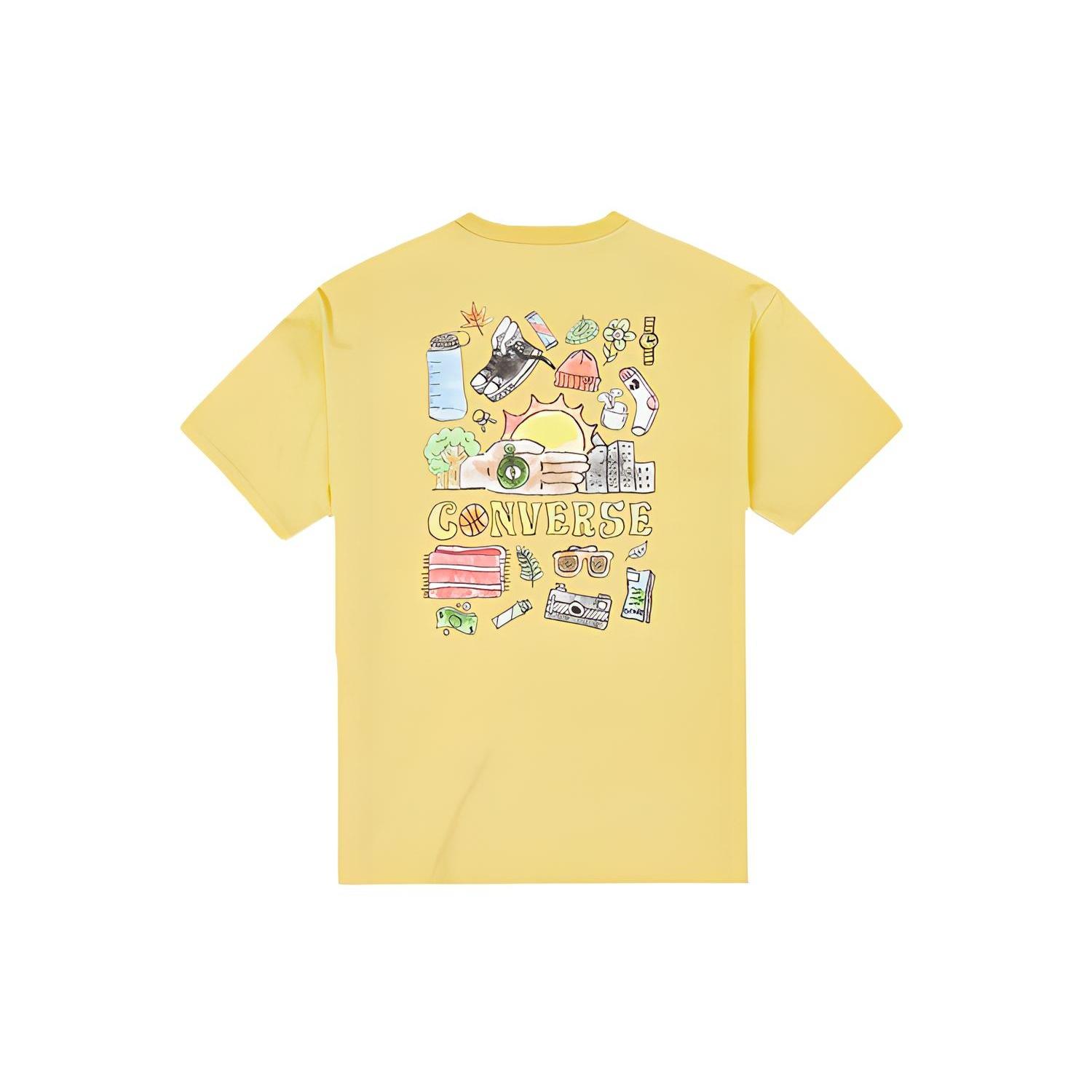 Men s Converse Back Graffiti Cartoon Printing Loose Casual Round Neck Short Sleeve Gold T-Shirt 10022038-A05 L