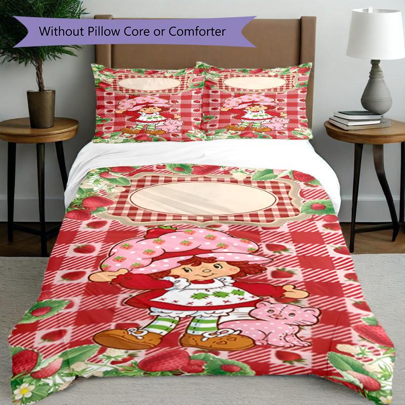 Set cuvertură de pilota 3 buc (1 * Husă de pilota + 2 * Față de pernă, Fără Miez), Set de așternut cu imprimeu Strawberry Shortcake, Decor pentru dormitor, Pentru toate anotimpurile, Cadou de ziua de naștere