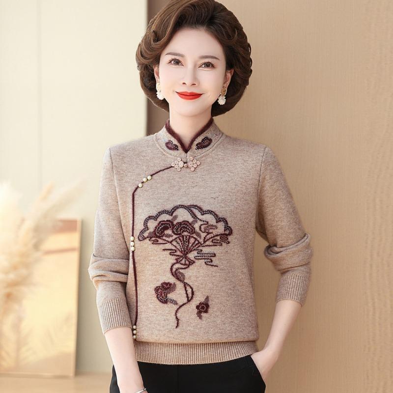 Mom's autumn and winter cheongsam collar sweater medium and old fleece bottoming shirt integrated mink fleece thickened women's bottoming shirt