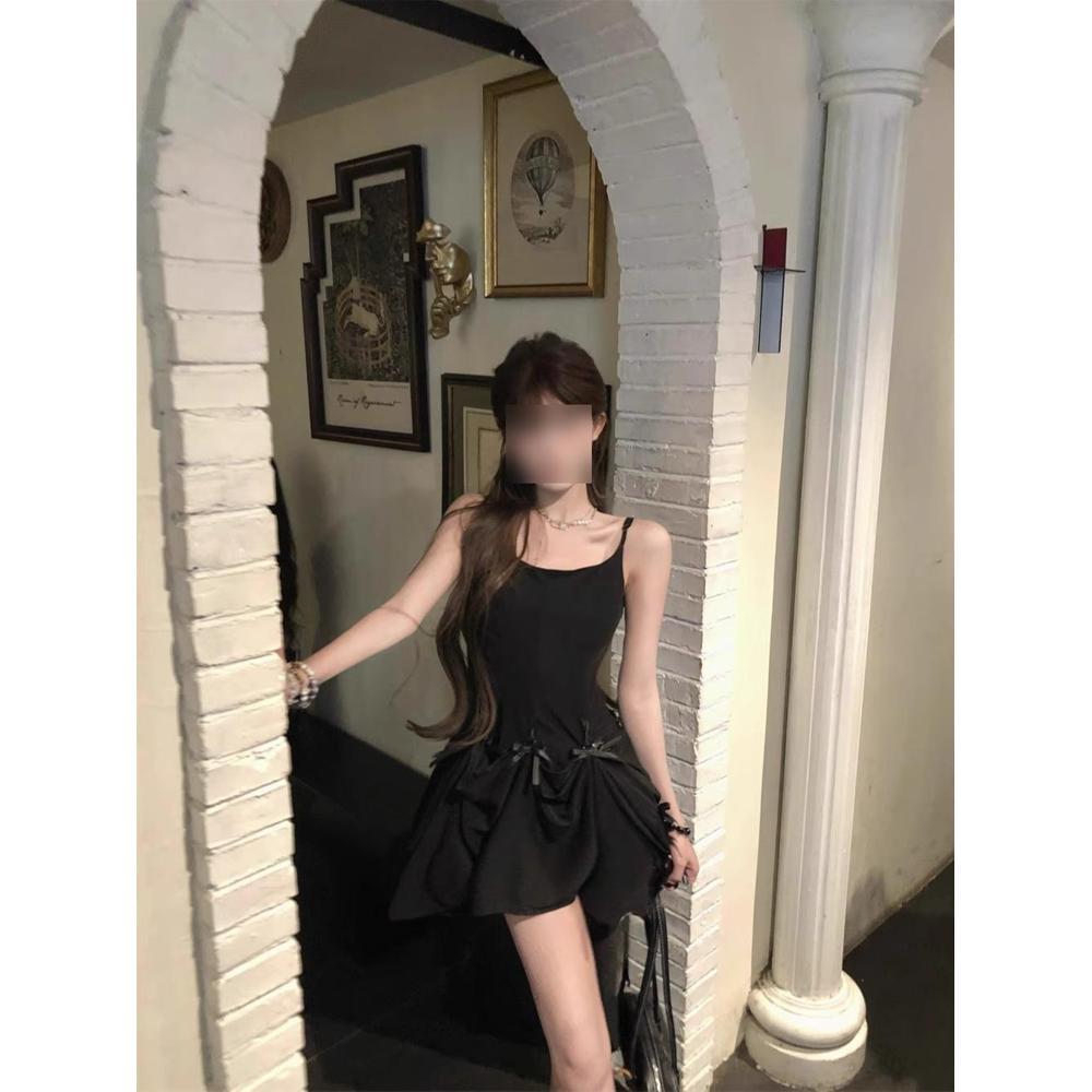 

Сладкое платье-сарафан с бантом для девочек, женское летнее платье с темпераментом, женское платье, носить больше А-образную юбку, синяя короткая юбка XL- (recommended 110-60kg) чёрный