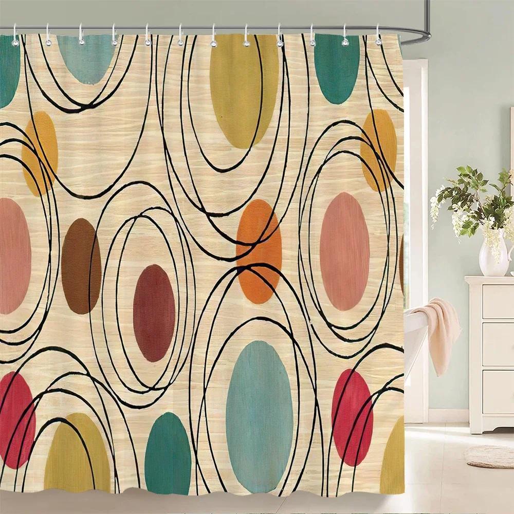 

Simple Colorful Geometric Pattern Fabric Shower Curtain Bathroom Curtains Round Mosaic Waterproof Bath Screen With 12 Hooks W60H190(CM)-1 Pcs