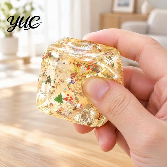 Reusable Stress Relief Hand Toys Christmas Ice Cube Squishy Fidget Toy, Slow Rising Toy Sensory for with Snowflake Glitter, Festive Squeeze