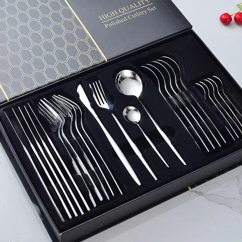 Set di posate da 24 pezzi in acciaio inossidabile con scatola regalo nera per ristoranti portoghesi - Include forchette e cucchiai