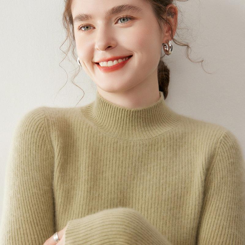 Women's Slim Fit Cashmere Pullover - Half-High Neck Sweater for Autumn and Winter