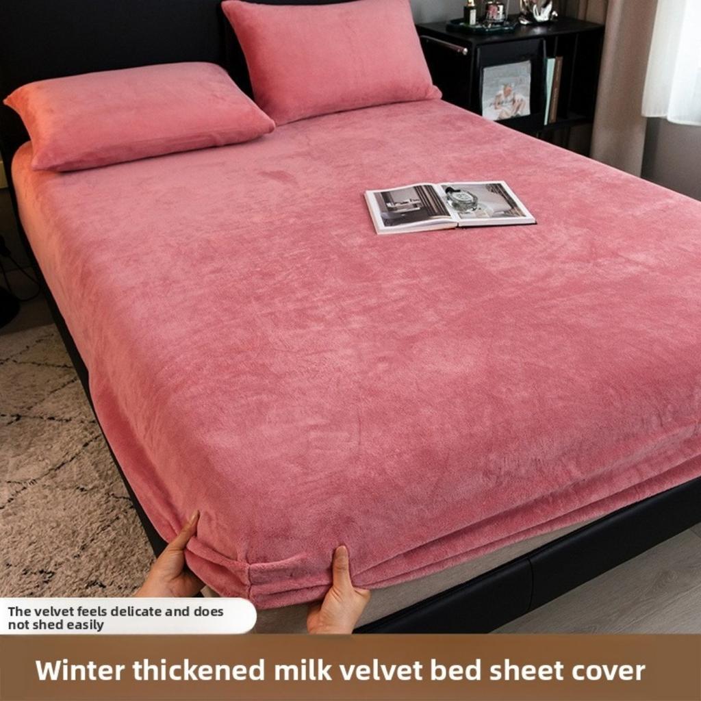 Winter Milk Velvet and Velvet Bed Sheet Single Mattress Cover Coral Velvet Thickened Bed Cover Single Full Package Bed Sheet Protective Cover