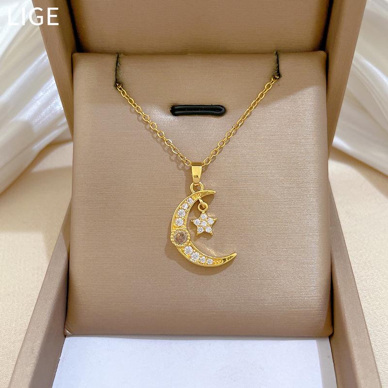 Titanium Steel, Star Moon Zircon Light Luxury Temperament Gorgeous Full Diamond Necklace Female Versatile Collarbone Chain Titanium Steel Chain