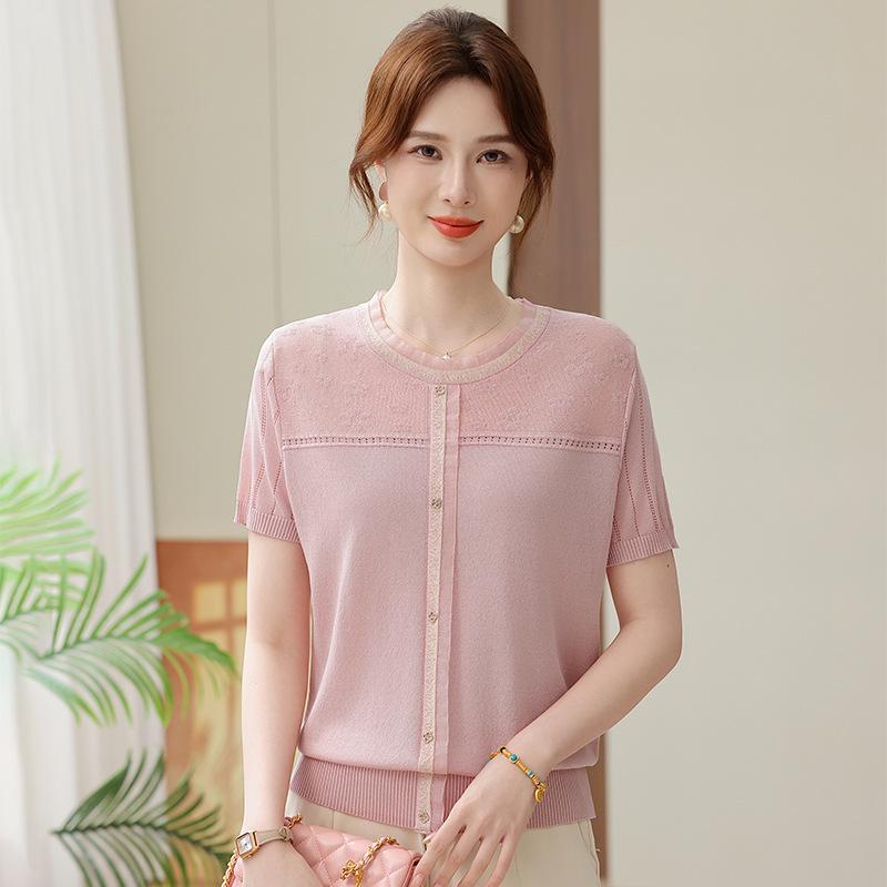 

Mom s Summer Knit Loose Short-Sleeve Top for Mature Women 2026 3XL (120-135 jin) розовый