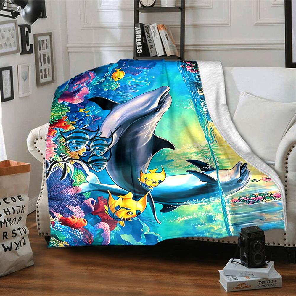 1Pc Dolphins Tropical Fishes Blanket Soft And Comfortable Casual Warm Camping Travel Christmas Halloween Xmas Gift M928244