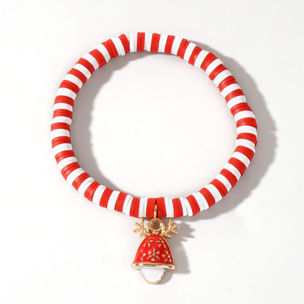 Christmas Clay Beaded Bracelet with Tree, Snowman, Bell & Reindeer Pendants In Red, White & Green - Festive Hand Jewelry