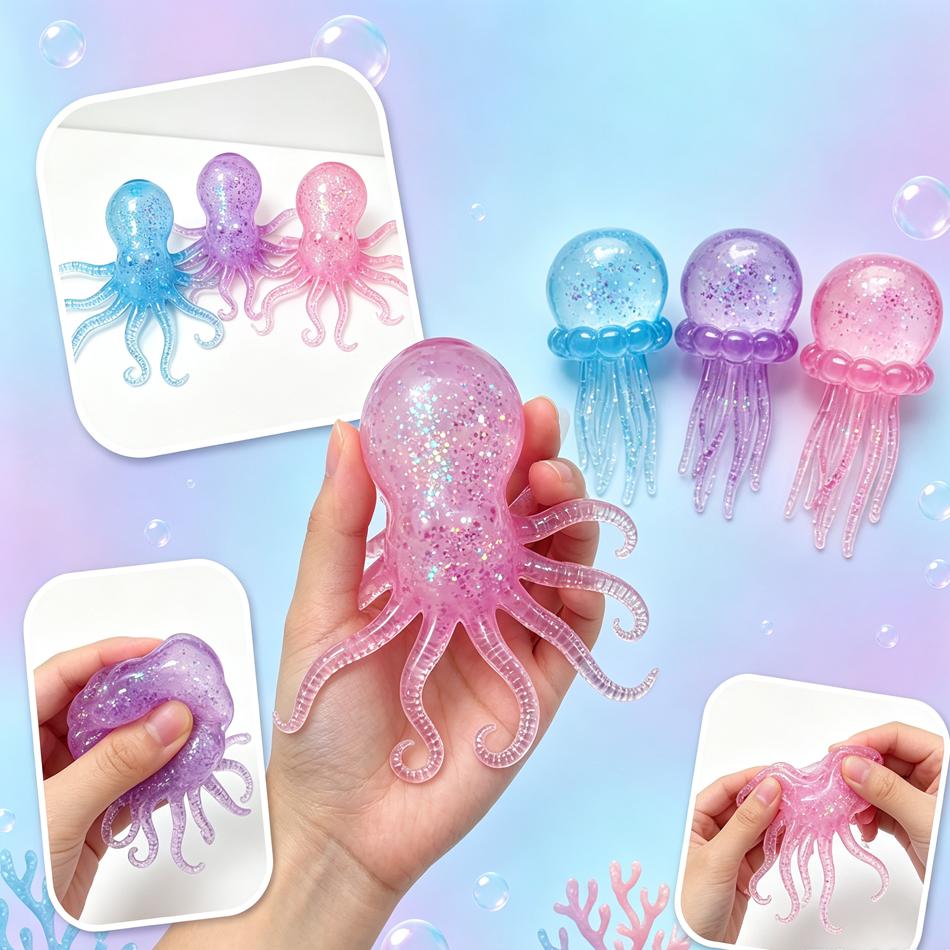 Popular  Jellyfish Octopus Soft Squeeze Fidget Toys Bead Filled Maltose Texture Soft Jelly-Like Stress Relief Squishy Toy