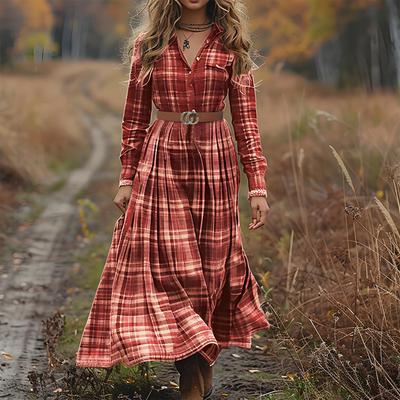 Womens Plaid Shirt Dress V-Neck Button Button Split Asymmetric Hem Checkered Maxi Dress With Pockets