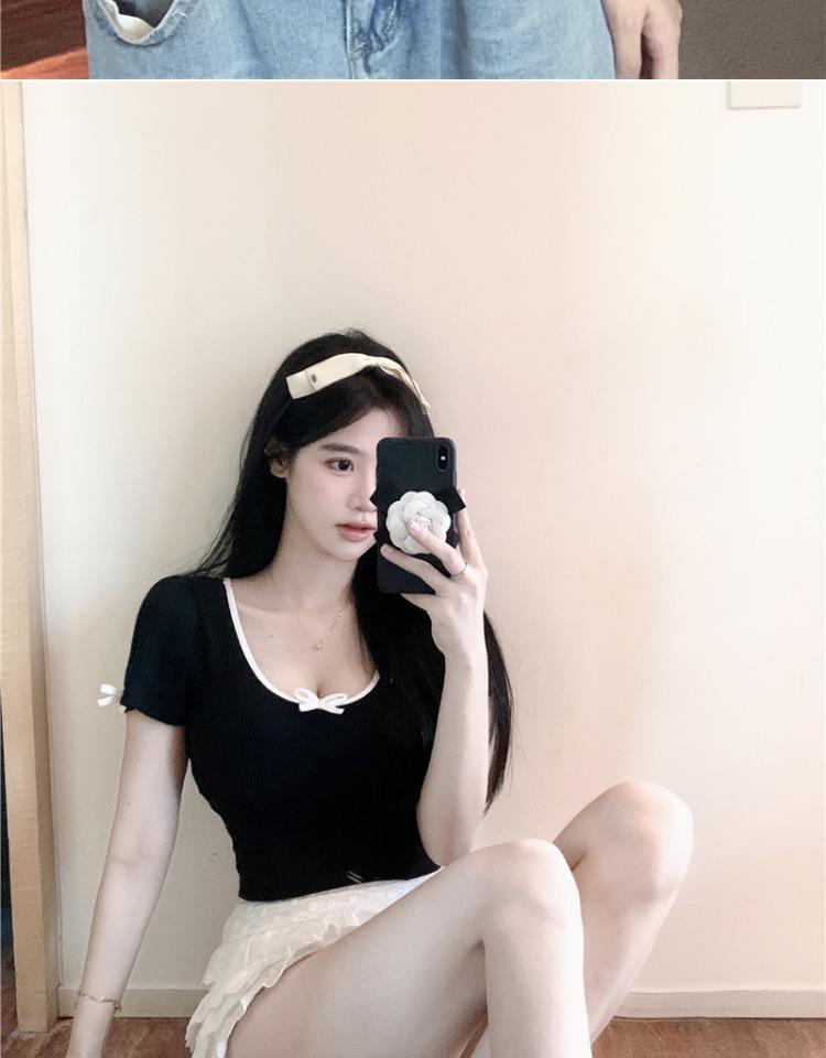 Sexy Bowknot U-Neck Clavicle T-Shirt: Women's Summer Short-Sleeve Low-Cut Tight Top