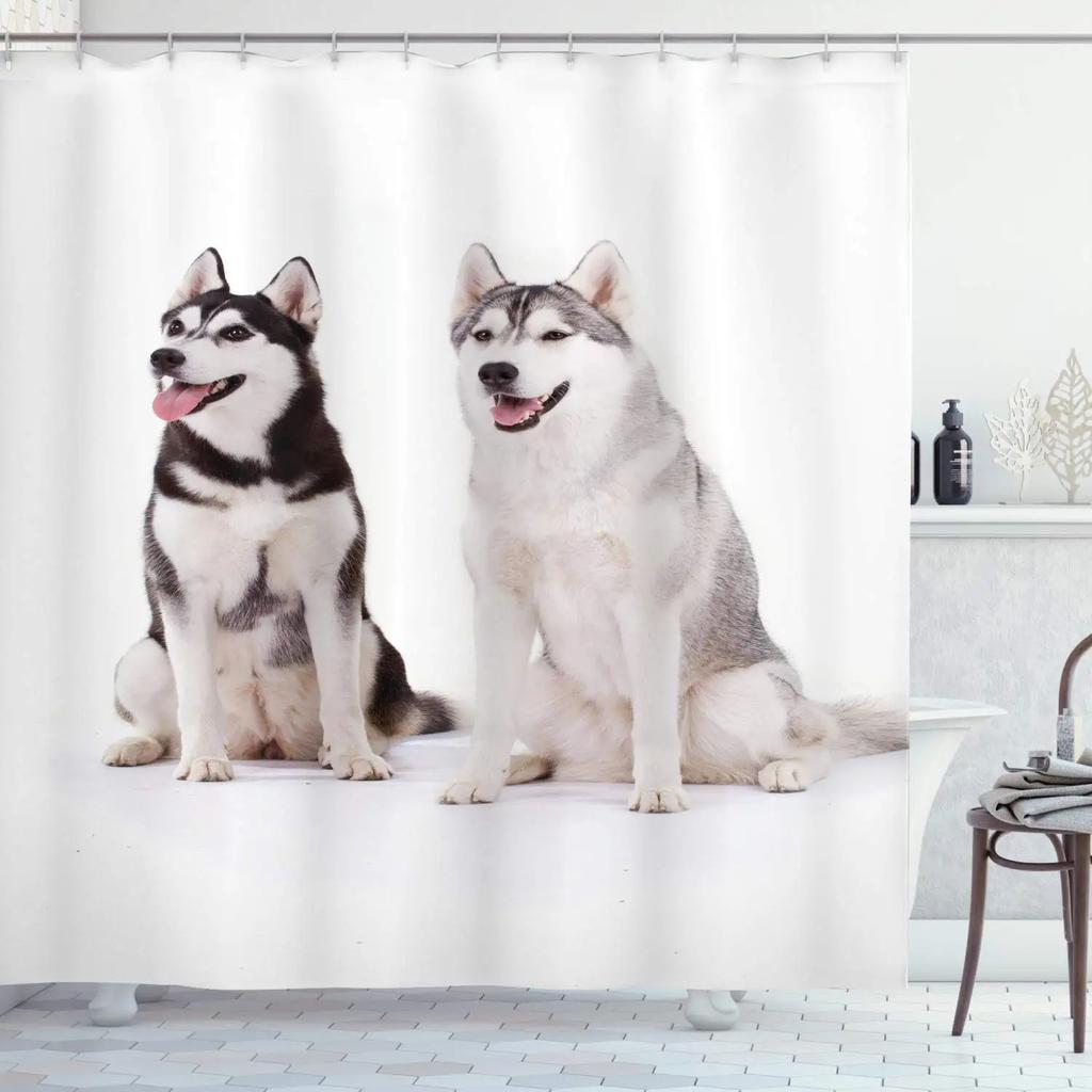 Süßer Sibirischer Husky Duschvorhang Weihnachtlicher Duschvorhang Set Husky Hund Welpe Badezimmervorhang Haustier Hunde Weihnachten Heimdekoration