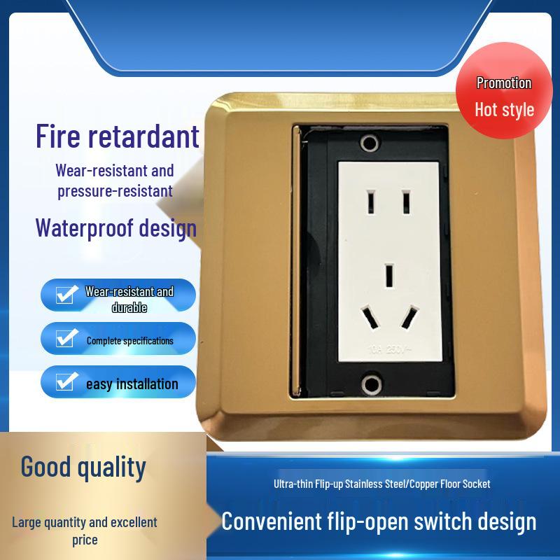 

Stainless Steel Waterproof Single-Door Concealed Floor Socket with Copper Five-Hole Plug золотий