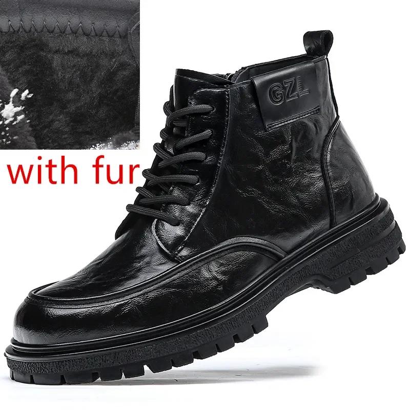 FashionLeather Boots Man Winter High Top Classic Basic England Black Men's Ankle Boots Fashion Young Plush Warm Trendy All-match Shoes