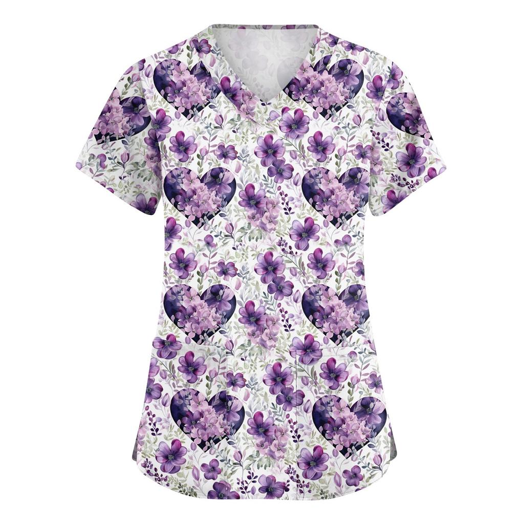 Women's Fashionable V-neck Workwear Printed Short Sleeved Pocket Side Slit Workwear Basic Pullover Top