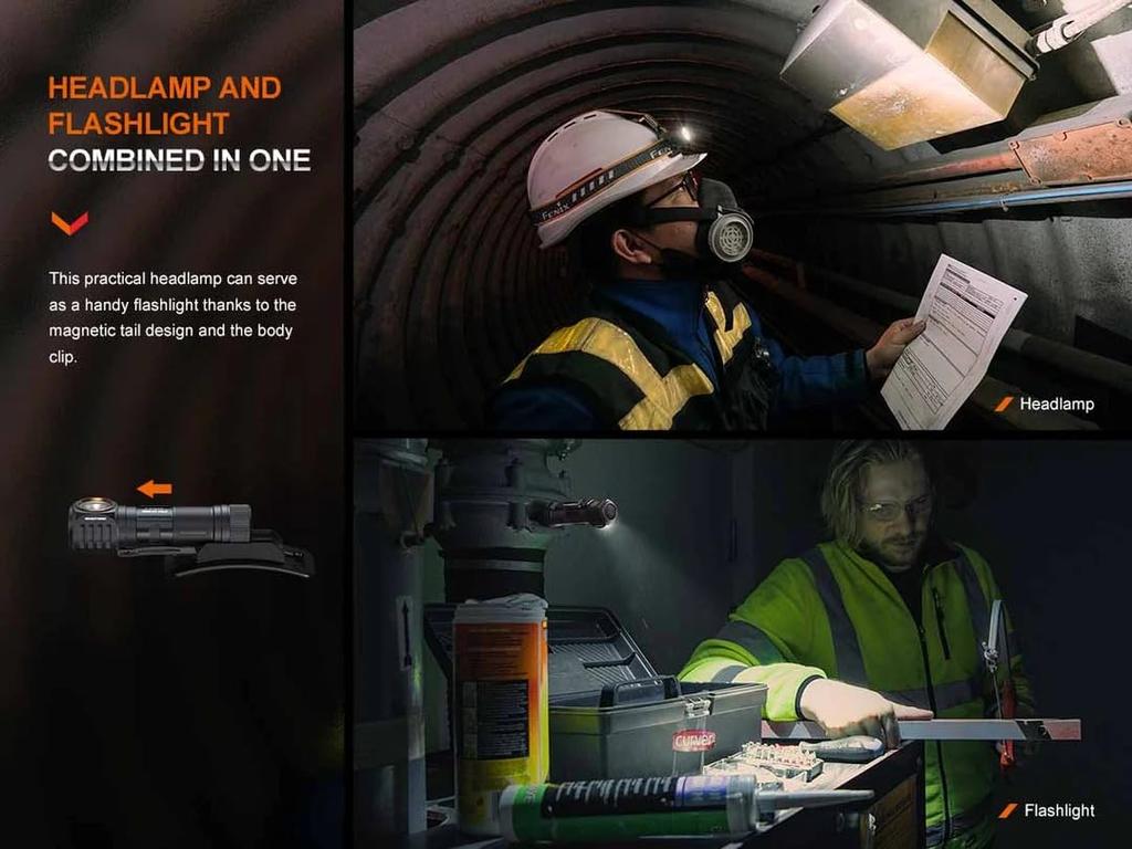 Fenix HM61R Rechargeable 1600 White and Red IP68 Waterproof and Dustproof V2.0 Headlamp, Lumens, L-Shaped, 90-Degree Right-Angle Flashlight, LEDs,