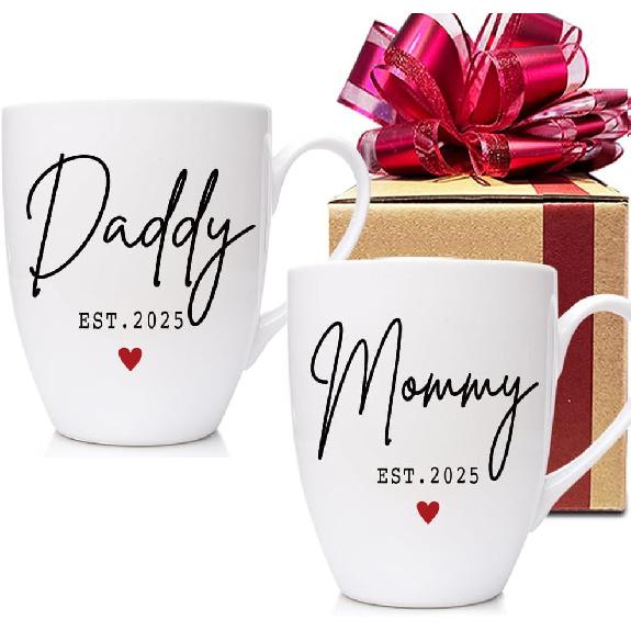 Dnuiyses EST 2025 New Daddy Mommy Mugs Set Gift for New Parents, First Time Dad Mom 2025 Gifts, EST 2025 Baby Reveal Pregnancy Announcement Mug Gift