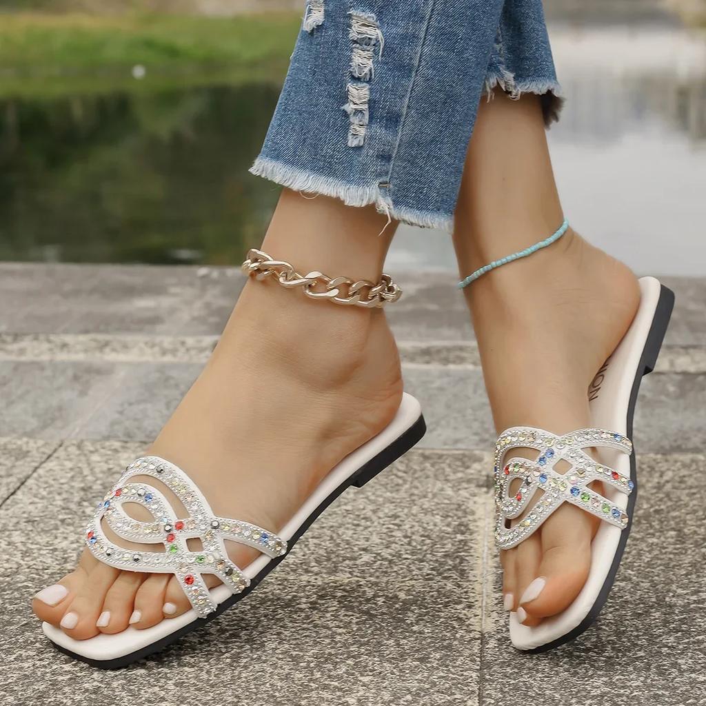 Crystal Rome Women Slippers Fashion Summer Bling Flat Shoes Women Comfort Outdoor Casual Sandals Party Slippers Slides Women
