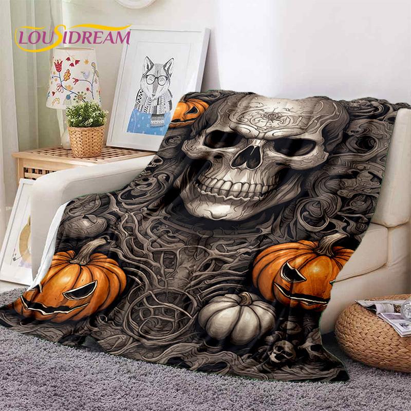 3D Horror Gotycka Czaszka Szkielet Miękkie Flanelowe Kocyki, Koc do Rzucania Wygodny Koc na Piknik Łóżka Kanapę Domową Sypialnię Prezenty