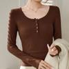 Navava Women Slim FiT Solid Rib BUTTon U Neck Long Sleeve T shirT nT3207