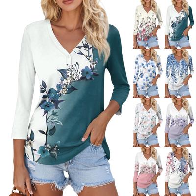 Women's Casual Fashion Sexy Comfortable V-Neck Button Floral Three-quarter Sleeve Top