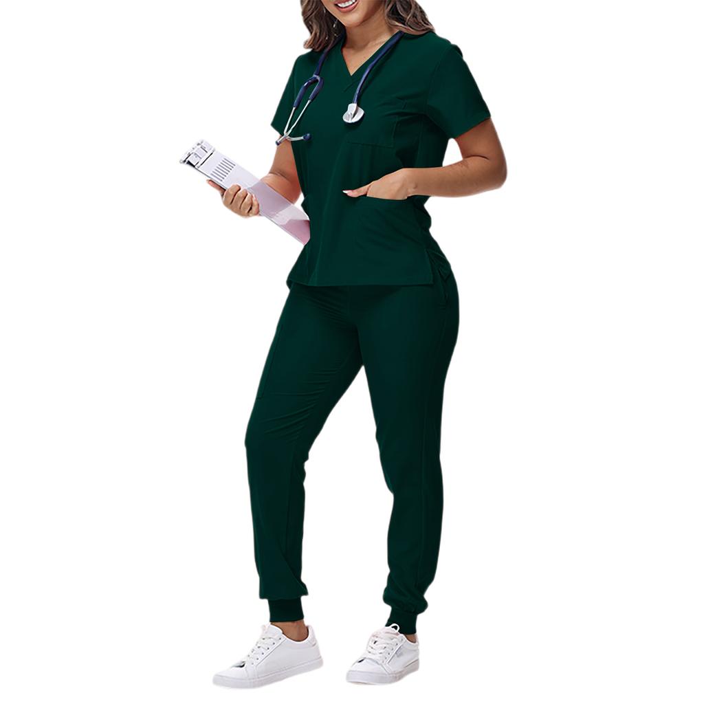 Women's Loose And Comfortable V-neck Short Sleeved Workwear With Tie Up Top And Waist Cinching Beauty Suit Set