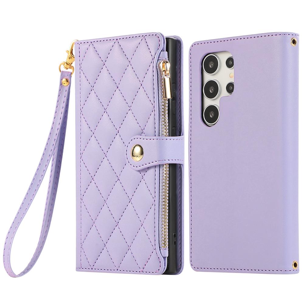 For Samsung Galaxy S24 Ultra Case Multi Card Slots Zipper Rhombus Leather Phone Cover with Wrist Strap