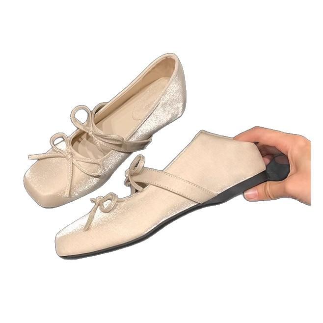 Height Increase 4cm~ Bow Square Head Versatile Light Mouth Mary Jane Single Shoes Women's Spring and Summer Ballet Shoes Streamer Fairy