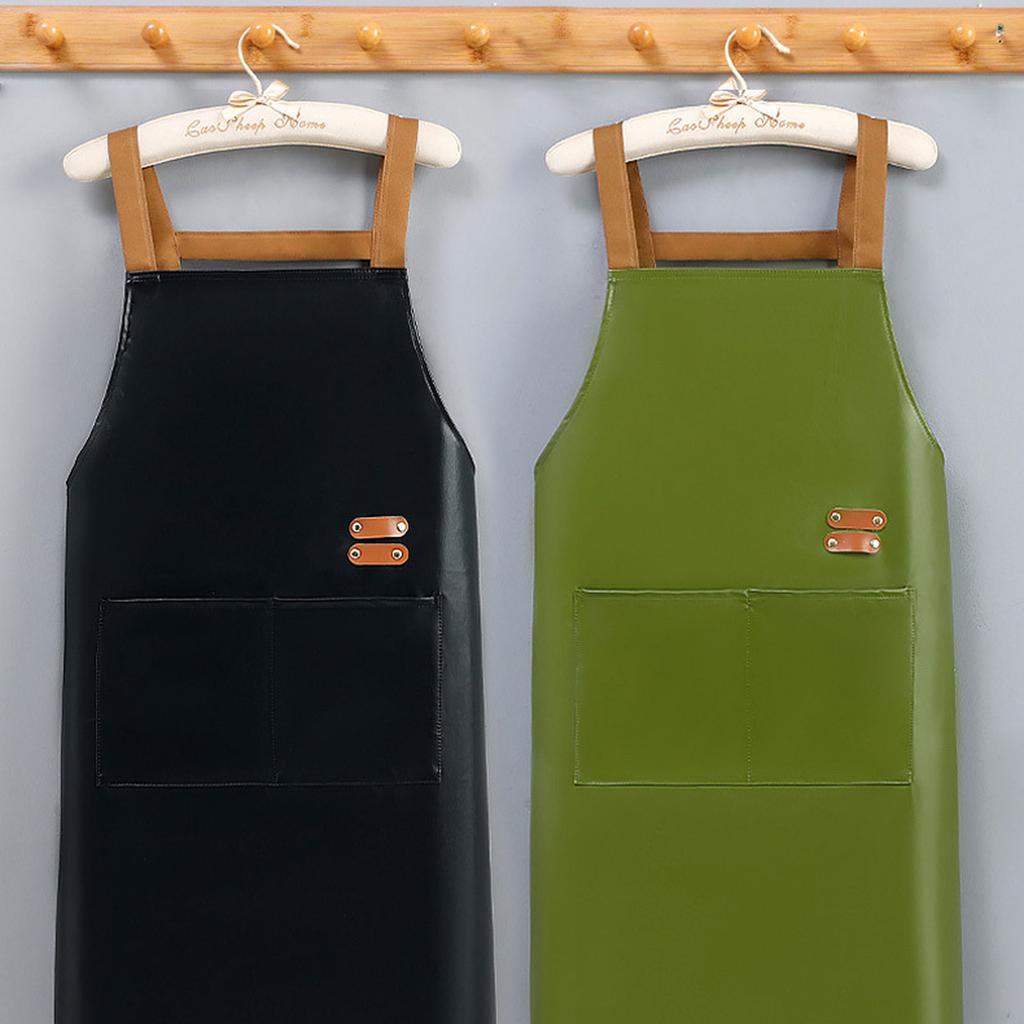 Adjustable PU Leather Apron with Pocket Waterproof Pinafore Oil Resistant Apron for Home Cooking and Kitchen Cleaning