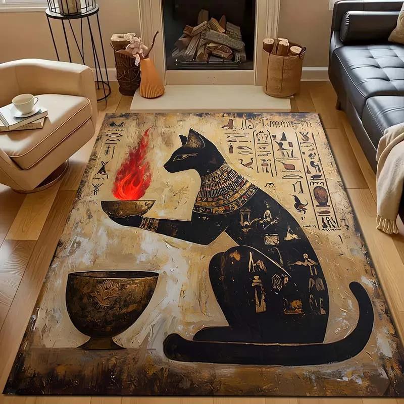 Ägyptische Mythologie Schwarze Katze Teppich für Wohnzimmer Heimdeko Rutschfeste Bodenmatte für Schlafzimmer Große Flächenteppiche Waschbare Teppiche