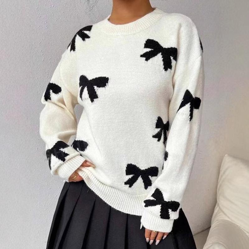 European and American autumn and winter sweaters women's clothing crew neck bow jacquard pullover knitted sweater factory