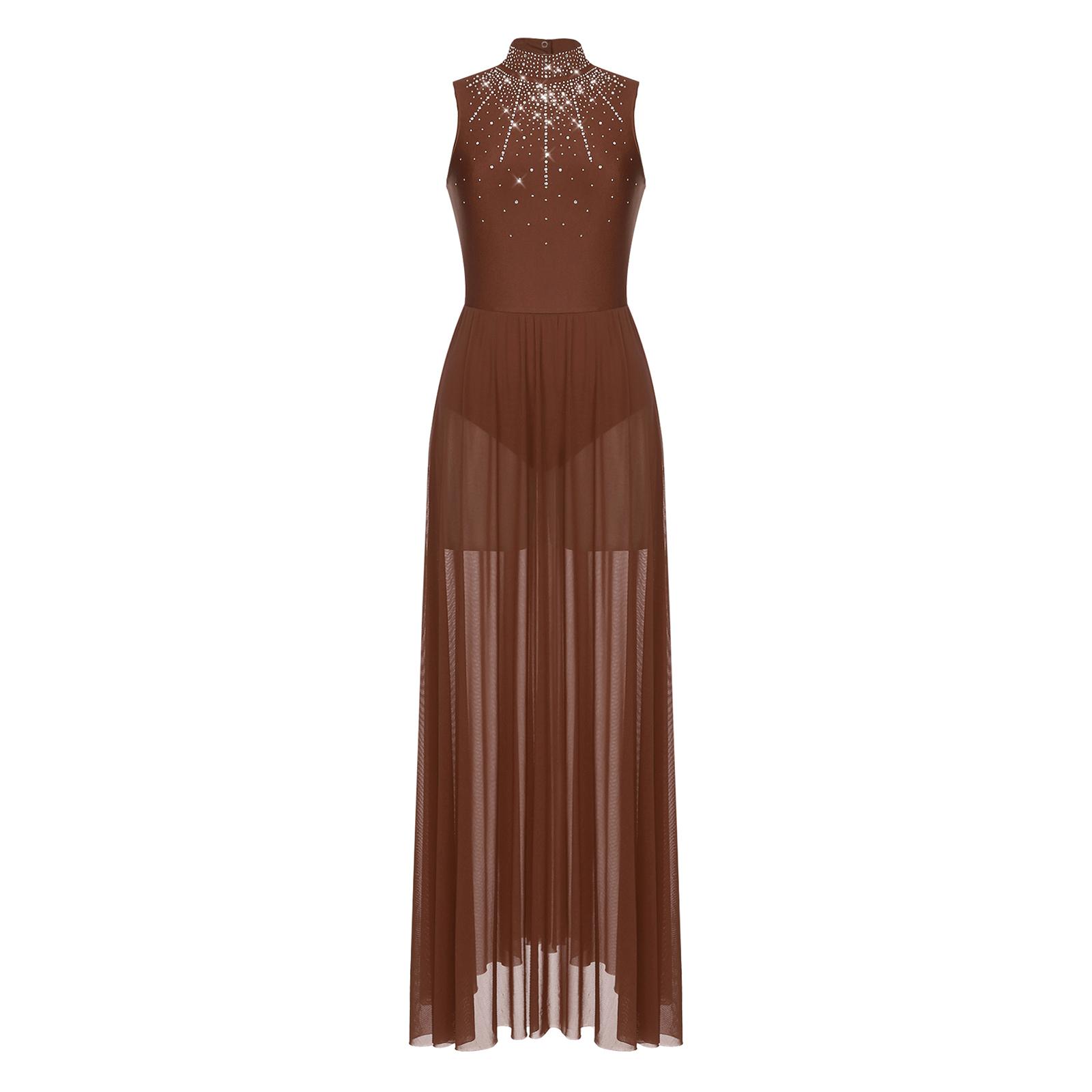 

Womens Sleeveless Lyrical Dance Dresses Mock Neck Cutout Back Wide Hemline Shiny Rhinestones Performance Gown S коричневий