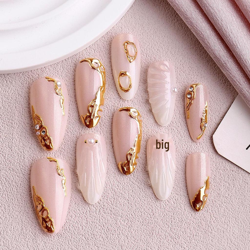 European Soft Pink Almond 3D Starfish Gold Foil Shell Textured Wearable False Nails with Nail Art Stickers