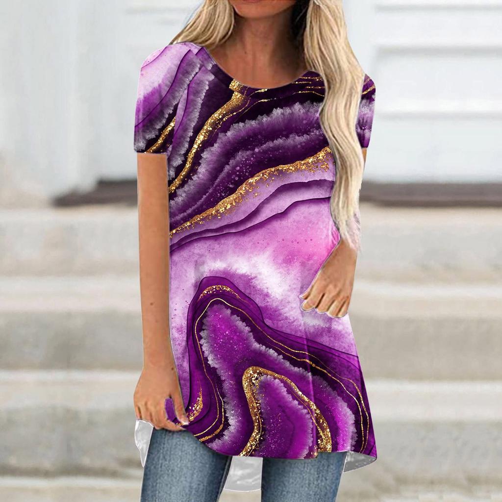 Dammode sommar långa tunikor Casual toppar tryckta kortärmade skjortor T-shirts
