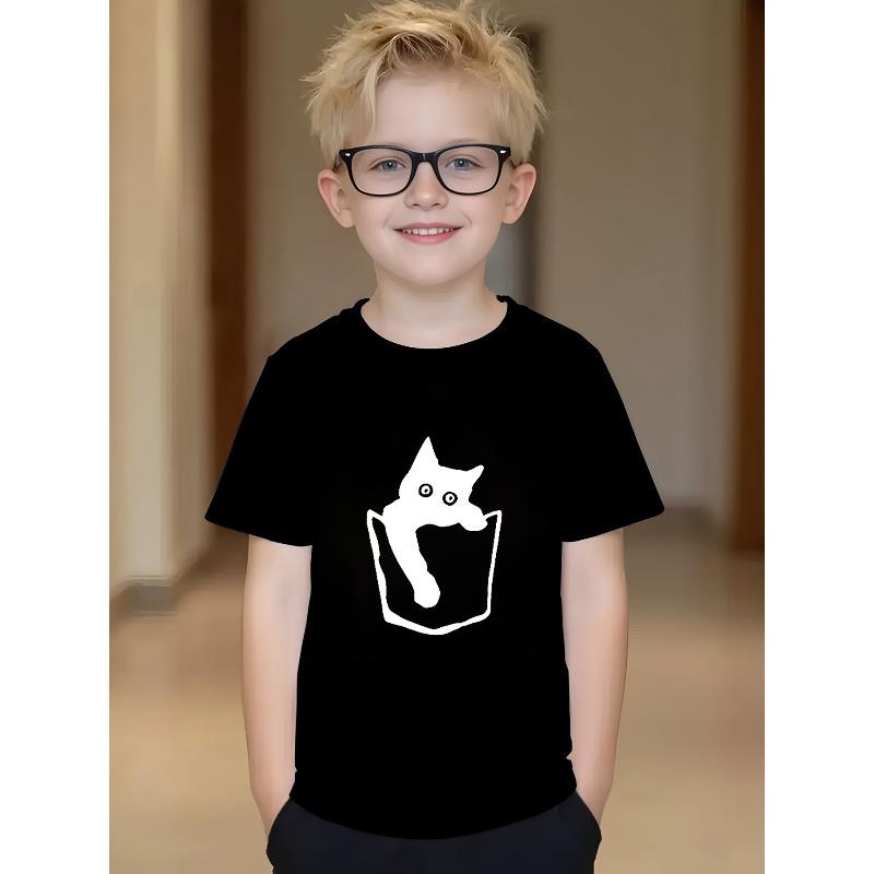 

European sizes Boys Fun Pattern T-Shirt - Cute Cat Personalized Print, Made from Lightweight And Breathable Fabric, Perfect for Teens Everyday Wear 98cm чёрный