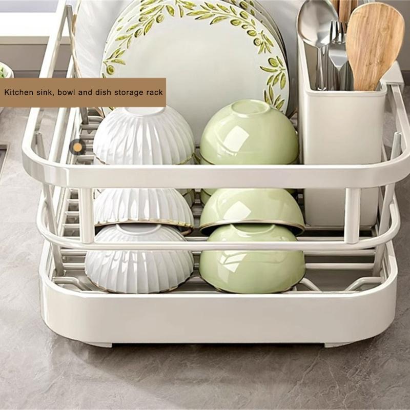 Space Saving Dish Drainer for Kitchen Sink Expandable Sturdy Metal Dish Rack with Utensil Holder Home Accessory