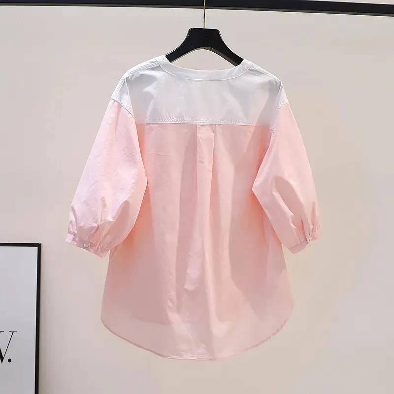 Round Neck Pure Cotton Shirt Women Summer New Fashion Design Color Matching Mid-sleeve Versatile Casual Top
