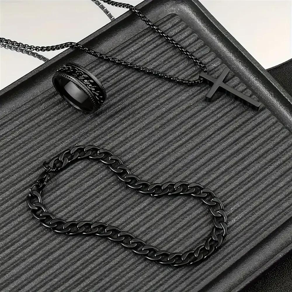 3Pcs Black Stainless Steel Jewelry Set For Men Women Bracelet Rotatable Ring Cross Pendant Chain Necklace Accessories