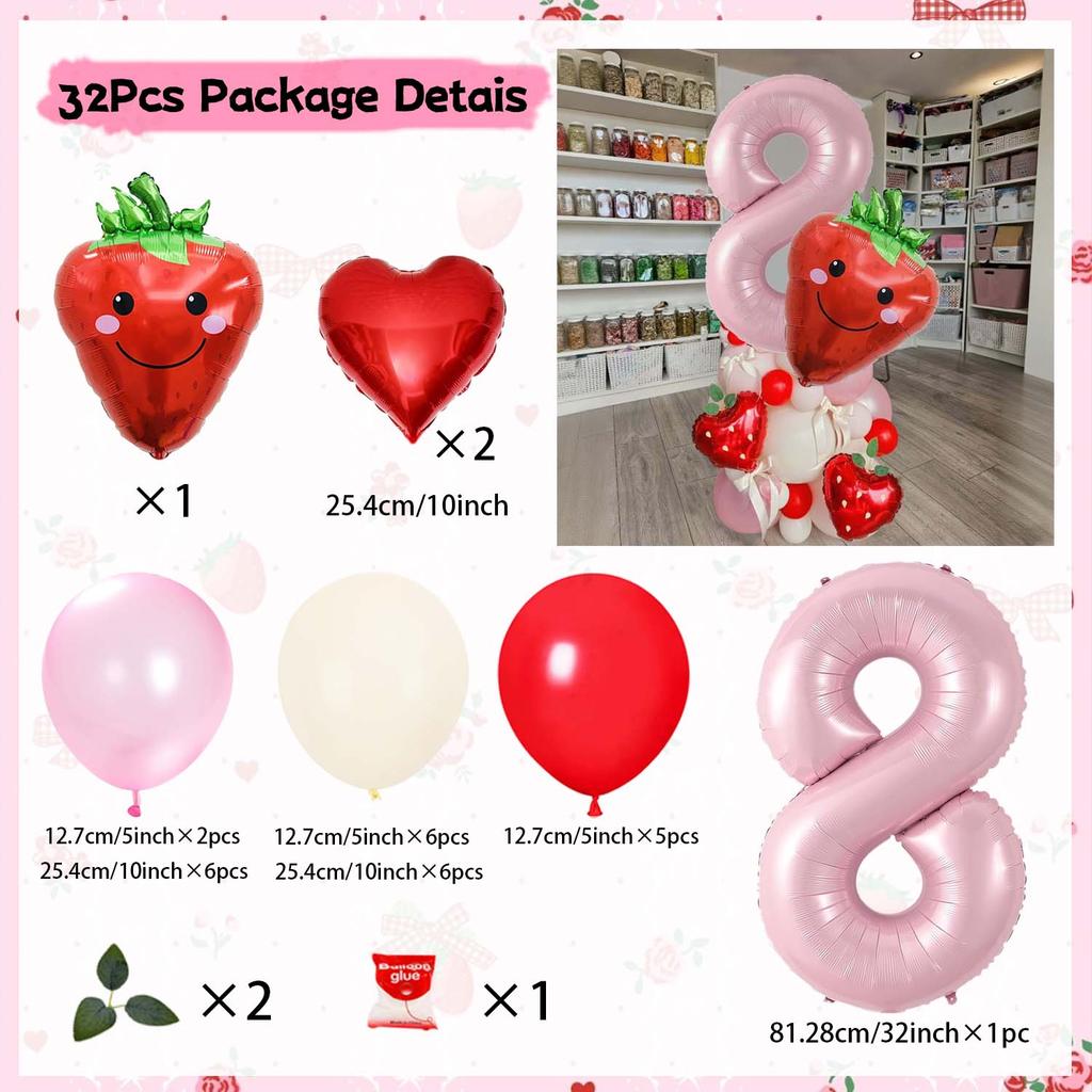 Strawberry Digital Balloon Numbers 0-9 Strawberry Love Aluminum Film Pink White Red Balloon for Anniversary Birthday