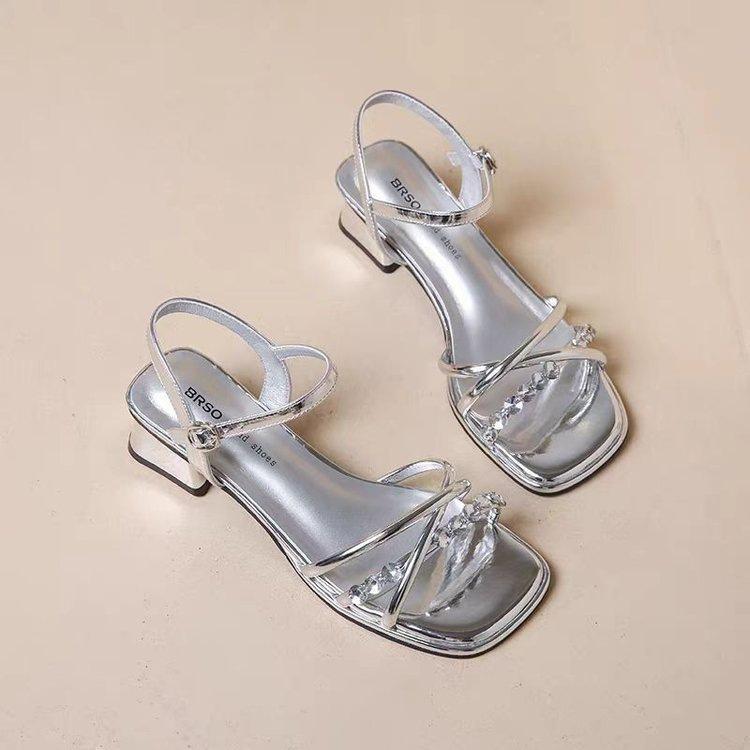 French thick-heeled sandals girl 2025 new summer fashion rhinestone fairy with skirt temperament with cool slippers