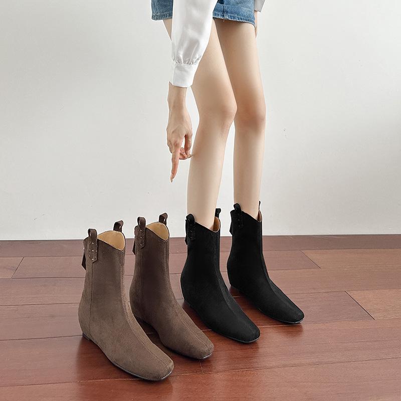 New suede medium boots retro thin boots square head western cowboy boots thick heel inner height increase short boots women