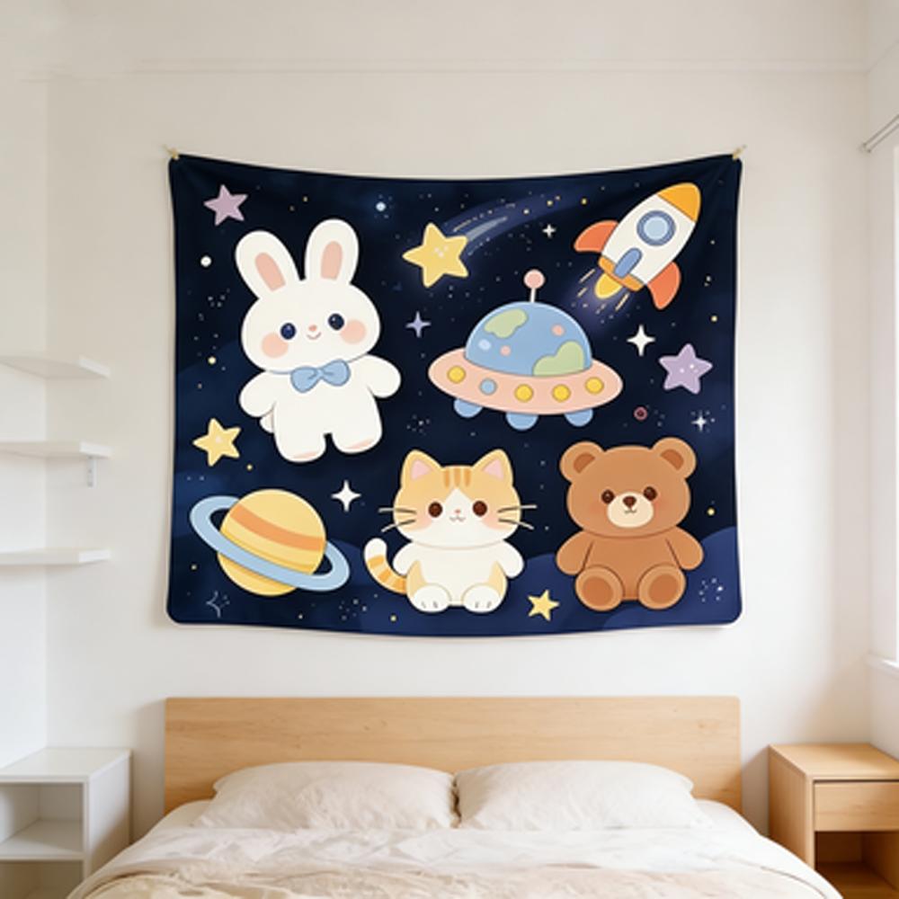 Space Astronaut Animals Tapestry Cute Bear Bunny Cat Wall Hanging Kawaii Space Theme Decor for Bedroom Dorm