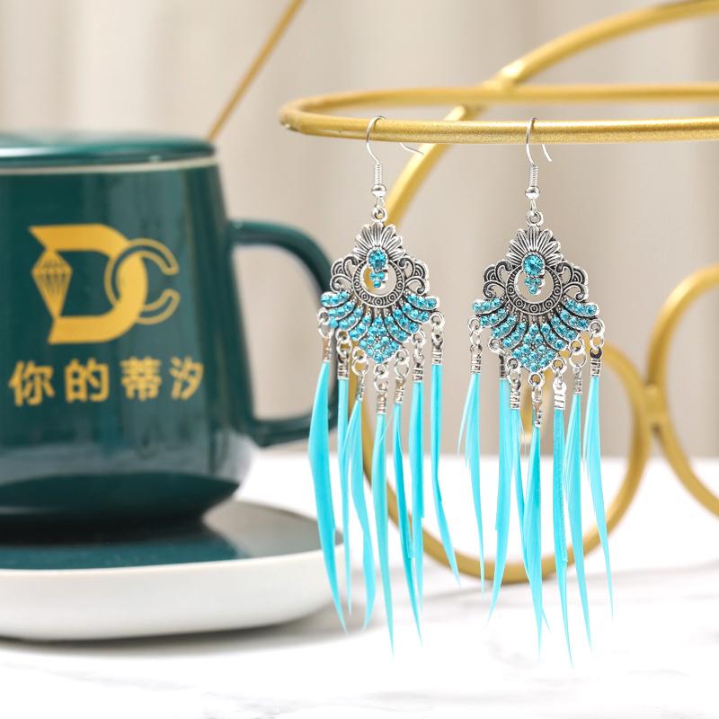 Fashion Bohemian Colorful Feather Earrings for Women Retro Fan Shaped Luxury Rhinestone Dangle Earring Ethnic Female Bijoux