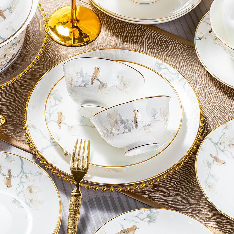New Chinese Flower and Bird Dish Set Household Light Luxury High-end Rice Bowl Plate Combination Bowl Set of Your Choice