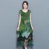 Summer Green Vintage Floral Print Dresses Women O-Neck Short Sleeve Silk Dress Size Plus S-5XL
