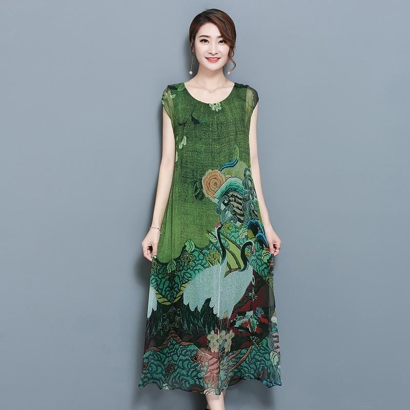 Summer Green Vintage Floral Print Dresses Women O-Neck Short Sleeve Silk Dress Size Plus S-5XL