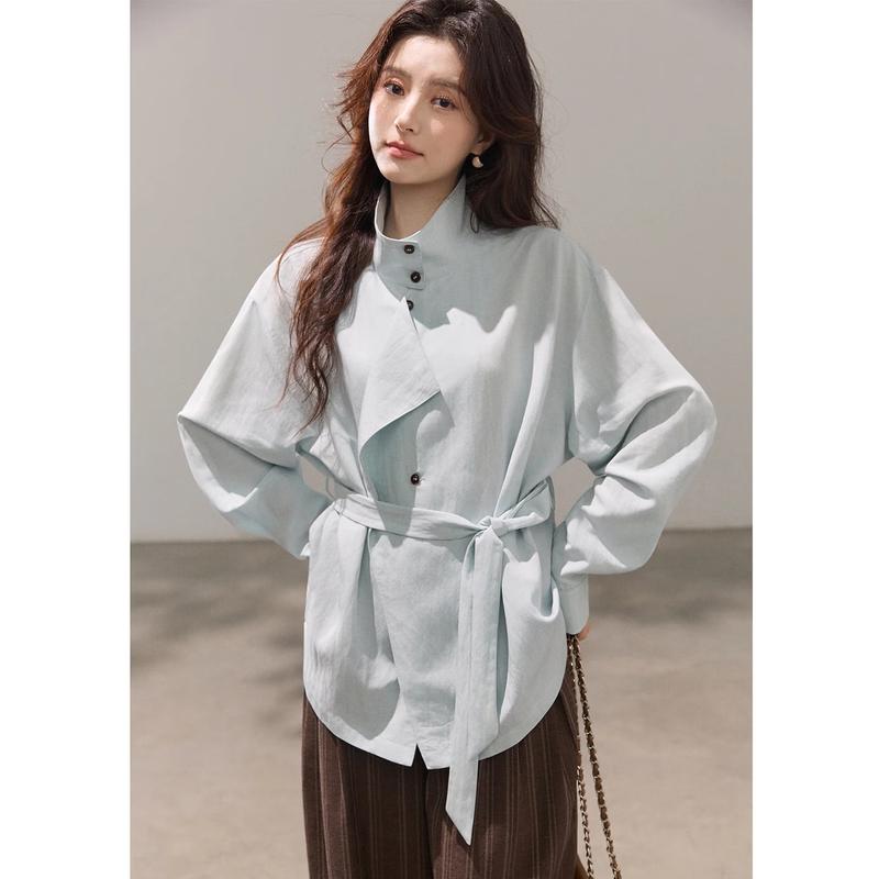 Women's Waist-Cinching Stand-Up Collar Shirt